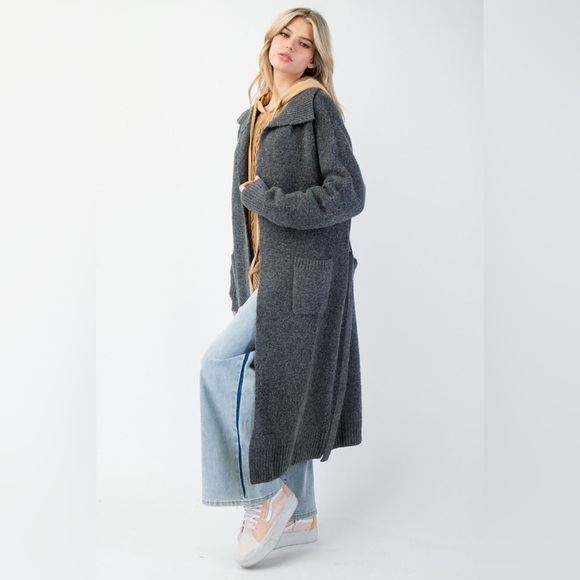 4199. EASEL 🛑AT COST OVERSIZED Grey Cardigan maxi soft long Duster Fuzzy Pocket - Picture 5 of 6